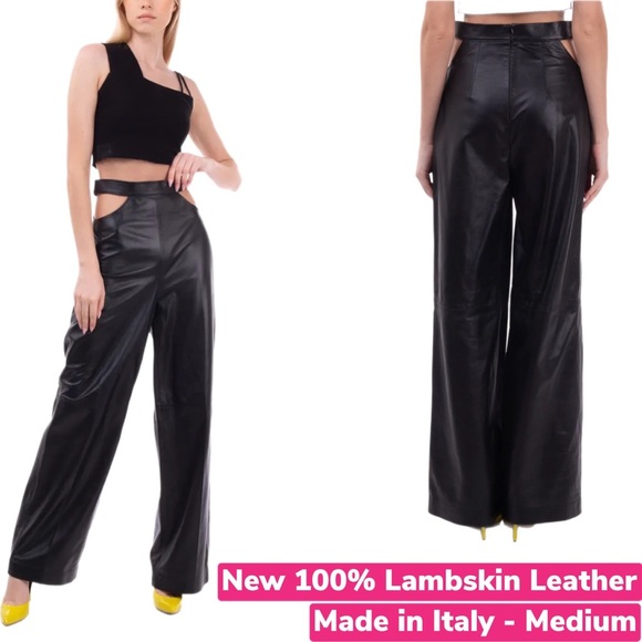 Made in Italy 100% Lambskin High Waisted Leather Wide leg Trousers - Picture 2 of 4